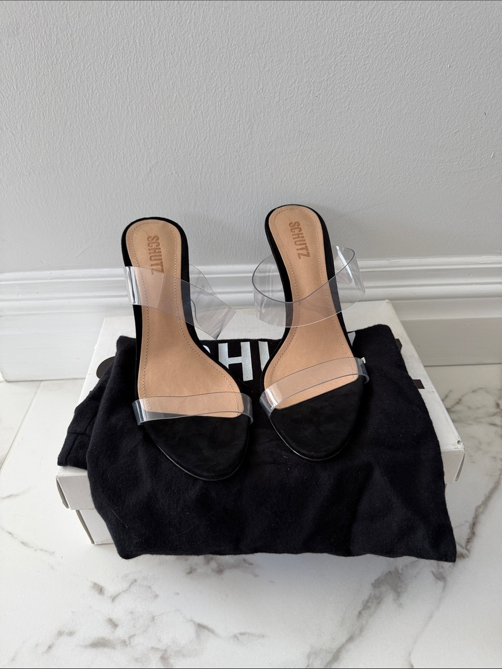 SCHUTZ Ariella Black Heel Sandals with Clear Transparent Straps Size 8.5 NEW